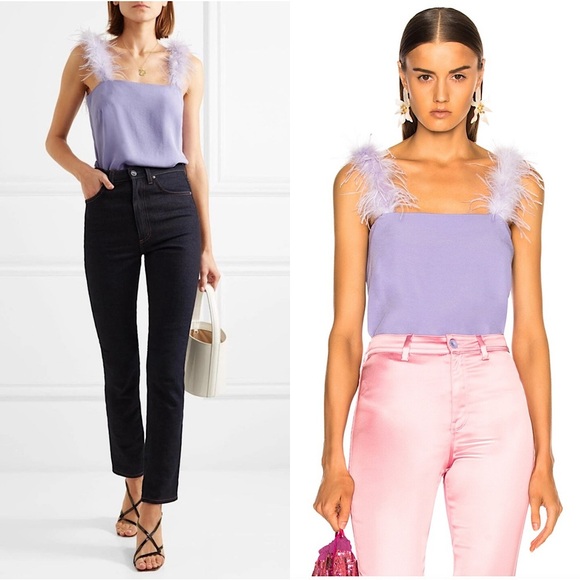 STAUD Lilac Crepe Ostrich Feather Strap Square Neck Sleeveless Camisole Tank M - Picture 1 of 8